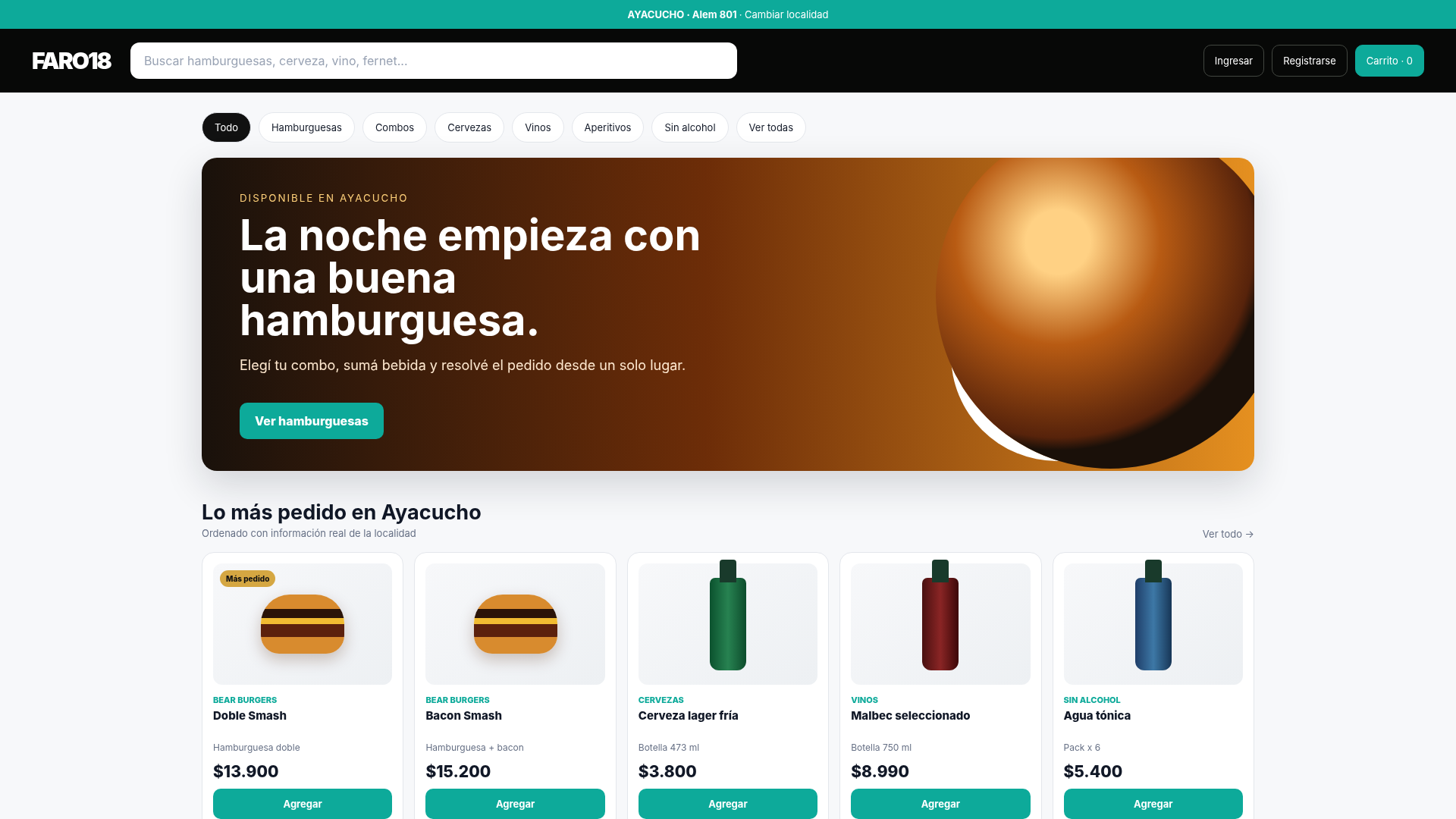 Ecommerce FARO: tienda por localidad con bebidas, combos y hamburguesas